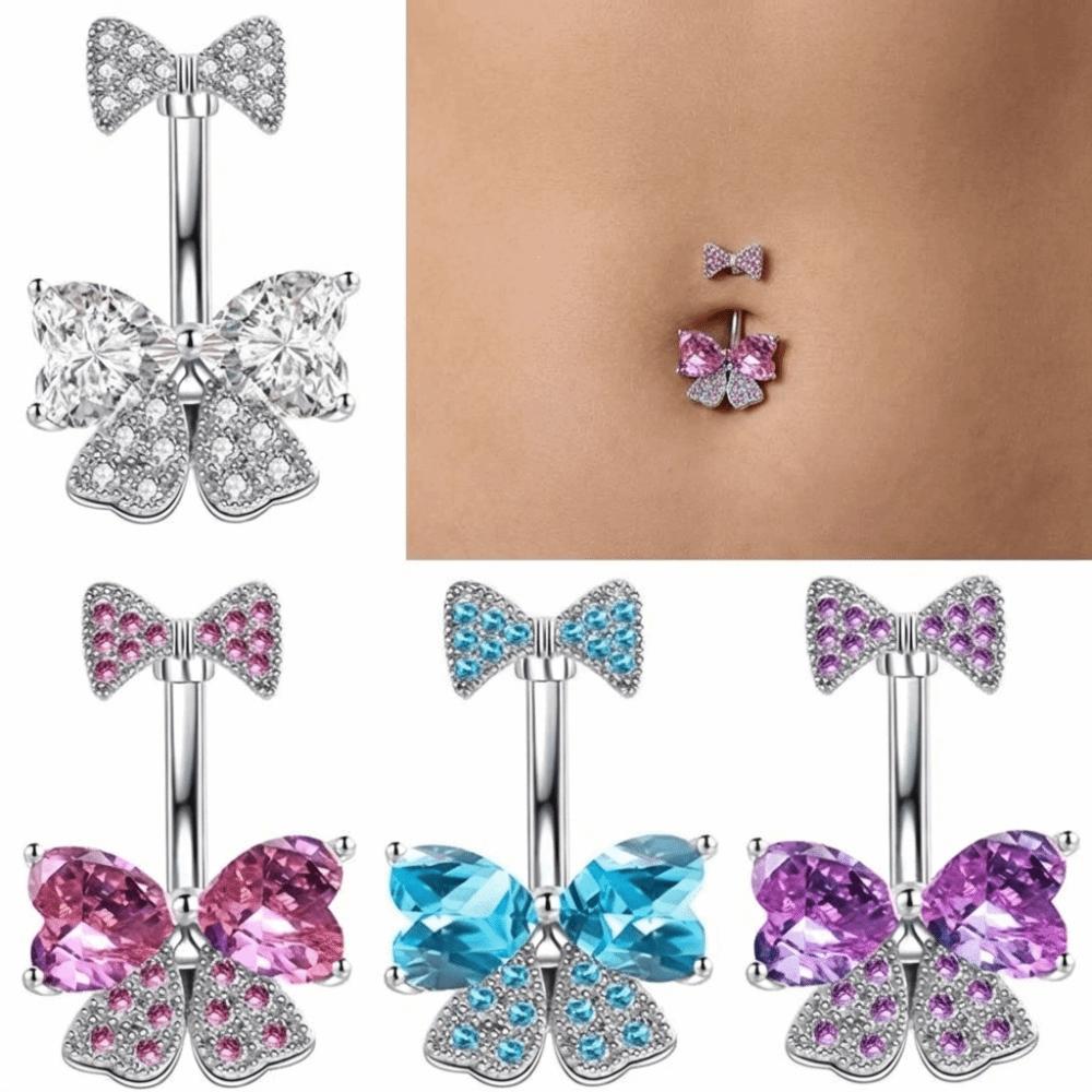 Stainless Steel Navel Piercing Jewelry Crystal Pink Bow Belly Rings Cute Belly Button Rings  Daily