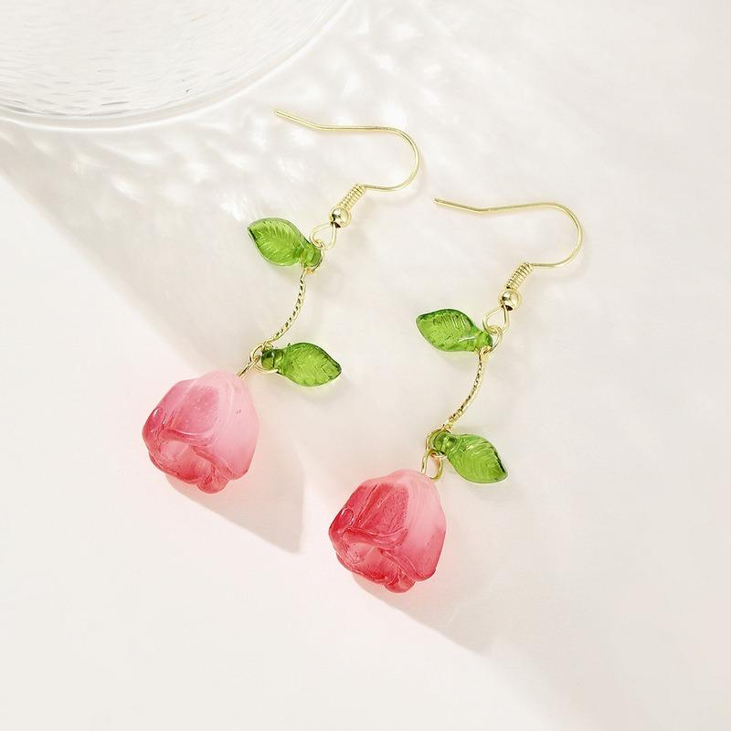 Korean Pink Tulip Flower Pendant Earrings for Women Fashion Elegant Temperament Pearl Earrings Jewelry Accessories