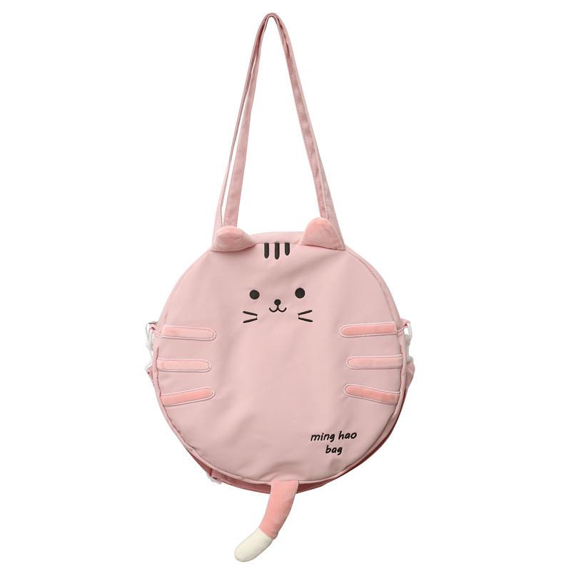 2025 New Leisure Fashion Embroidered Large Capacity Shoulder Bag Cute Cartoon Cat Commuter Canvas Small Round Bag