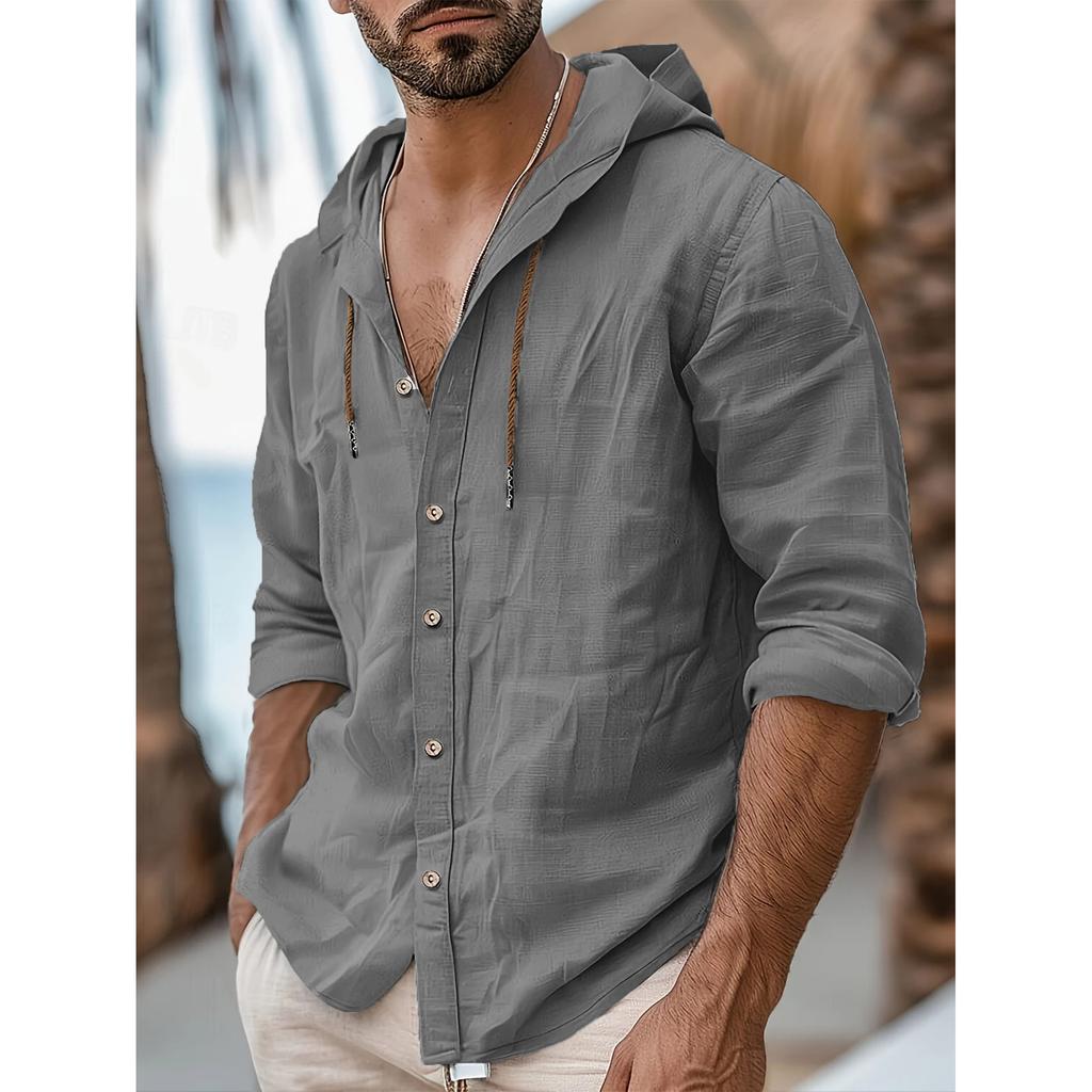 Pánská stylová košile s kapucí na knoflíky - Lehká směs bavlny a lnu, Ideální pro volnočasové a outdoorové aktivity, Prodyšná a pohodlná