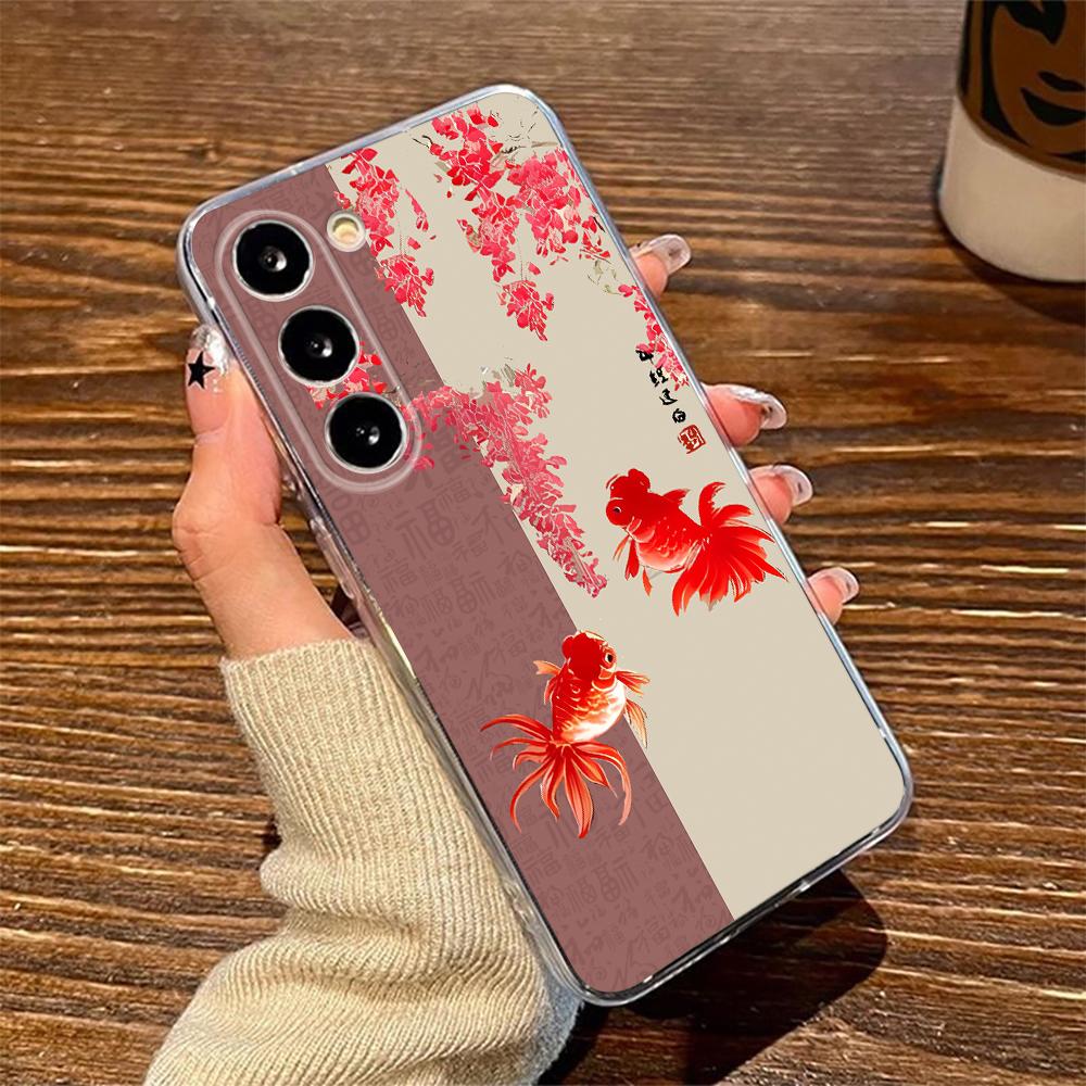 Phone Case For Samsung M33 5G A14 S23 S23 Plus S23 Ultra S23 Fe S24 Anti-Yellow Goldfish Koi Flowers Two-Color Silicone Cover