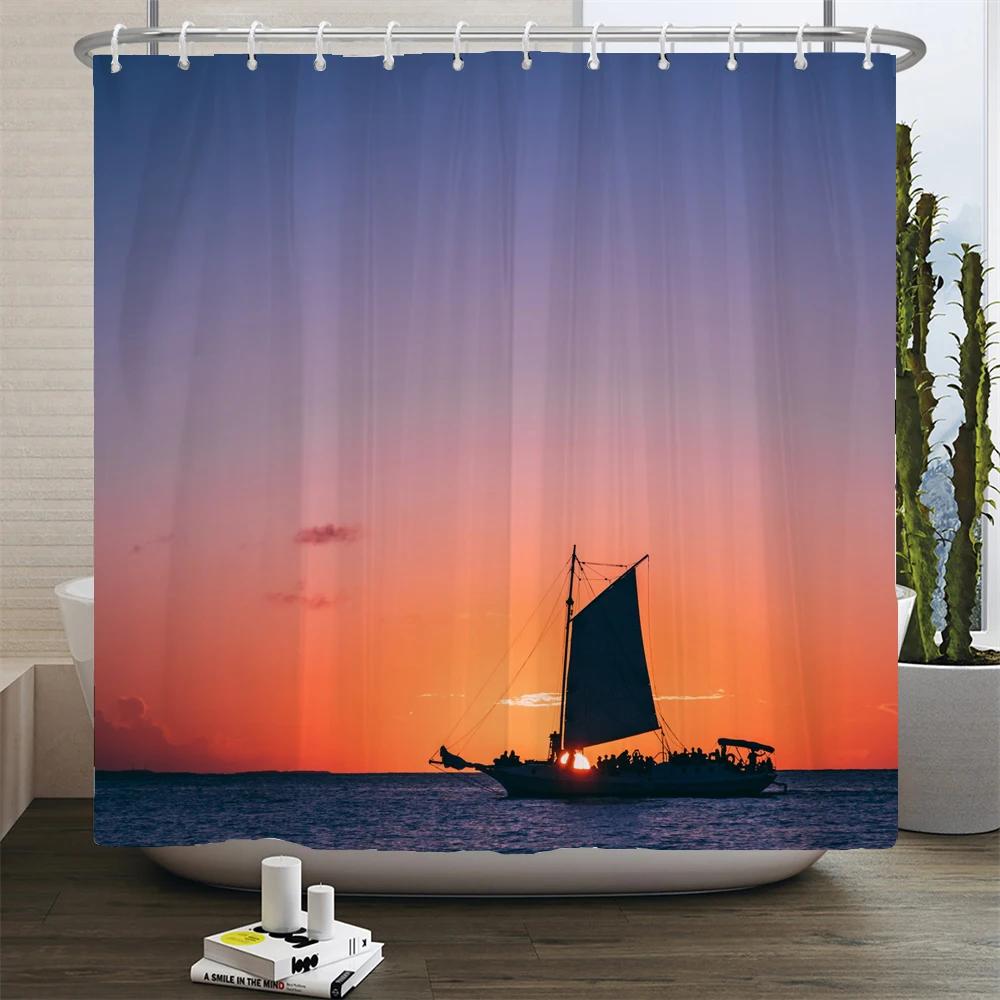 Sailboat Waterproof Bathroom Shower Curtains Sea Navigation Bath Curtains 3d Printing With Hooks 180*180cm Washable Cloth