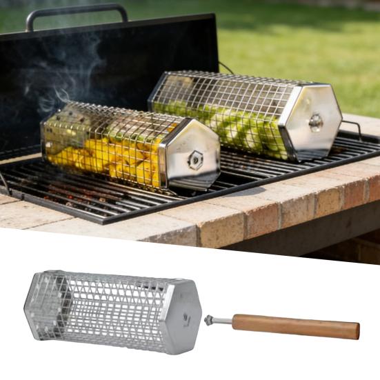 Stainless Steel Rolling BBQ Basket with Wooden Handle Rotating Grill Cage for Camping Picnics Space-Saving Nesting Design Grilling Basket for