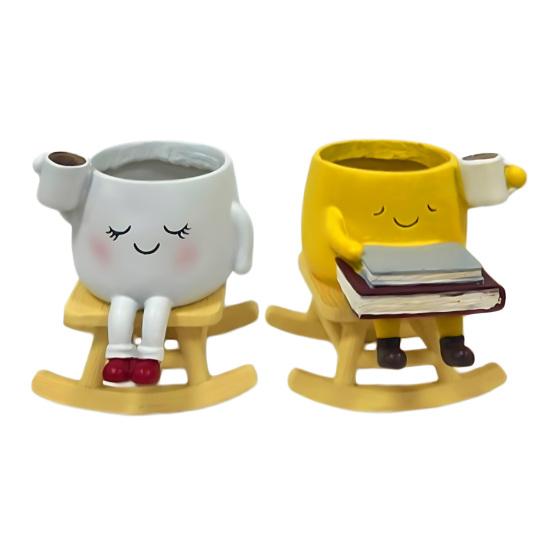DYS Rocking Chair Plant Pot, Cute Smiling Face Planter, Resin Flowerpot with Drainage Hole for Succulents Indoor Plants