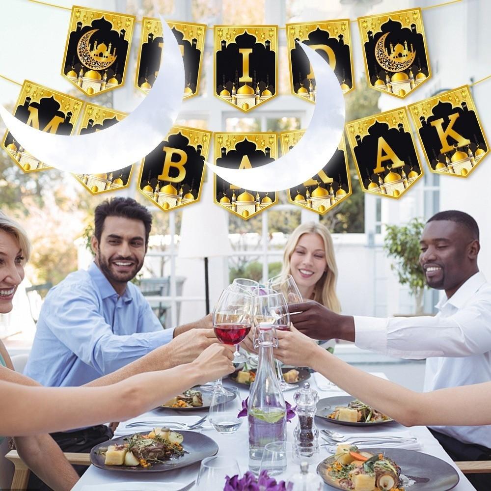 A Set Gold Black Ramadan Decorations Traditional Elegant Design Islamic Ornaments Crescent Moon Party Hanging Supplies