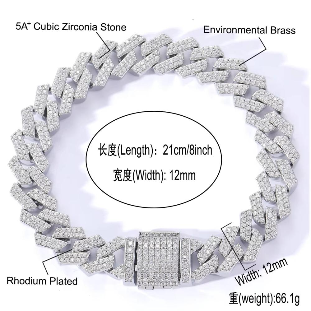 Personalized Fashion Hip Hop Jewelry 12mm Bling CZ Iced Out Flat Prong Cuban Link Chain Bracelet for Women and Men