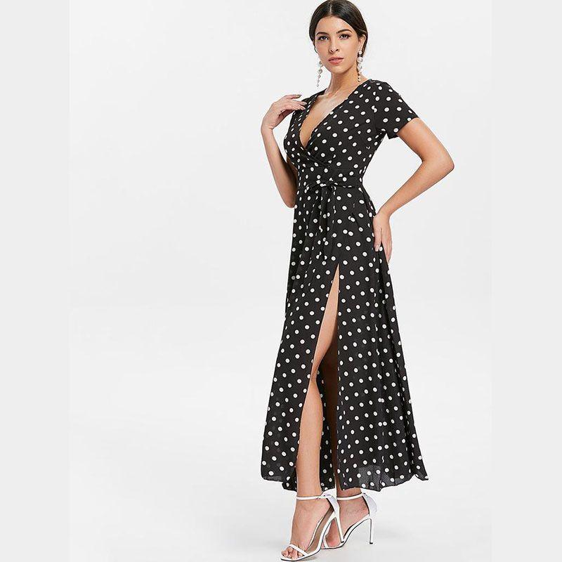 Women Short Sleeve V Neck Swing Dress With Elegant Polka Dot Print And Slit Detail