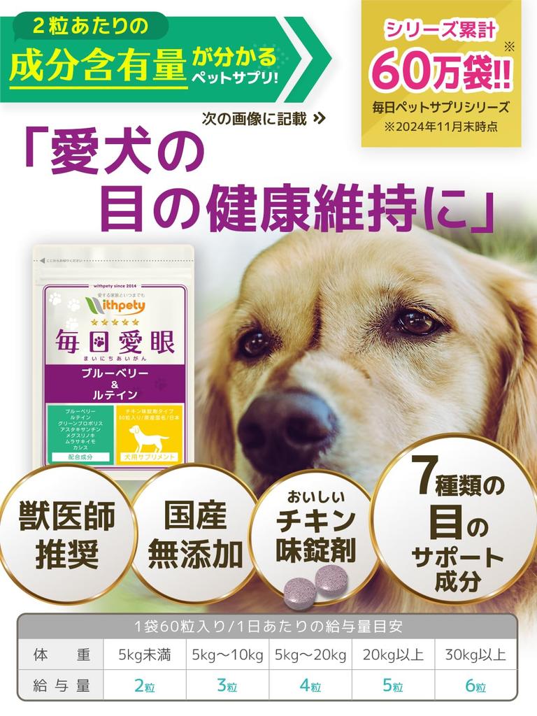 Daily Eye Care Dog Eye Made In Ingredients Clearly Stated Green Japanese Eye Purple Sweet Potato Flavored 60 Tablets Per Supplement, Japan,