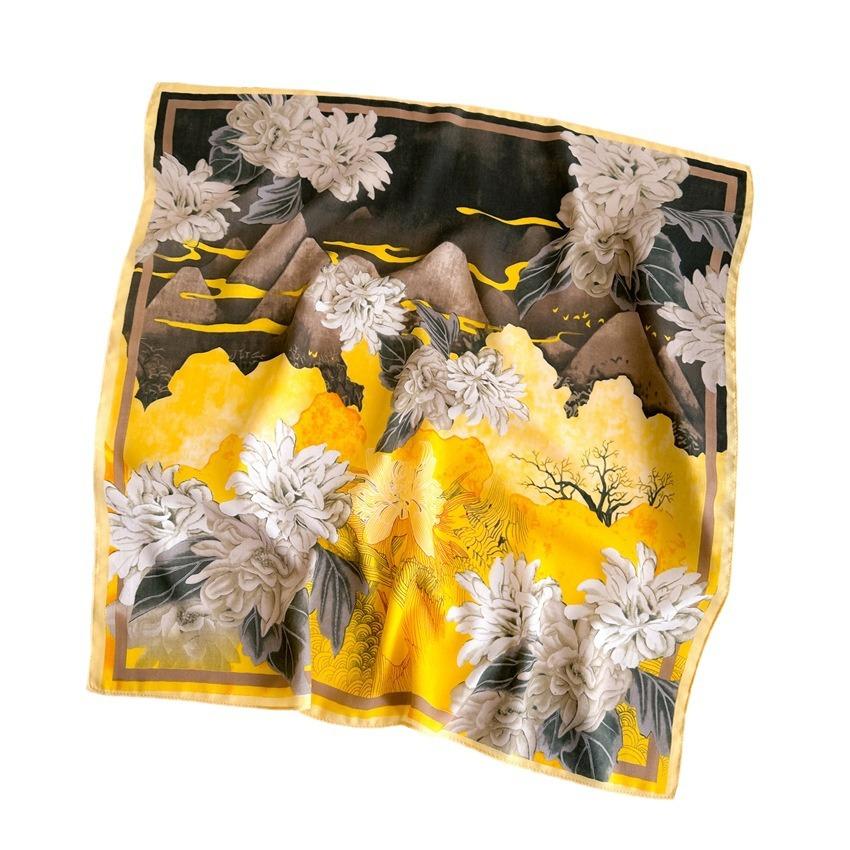 National Style Peony Small Square Scarf New Silk Scarf Shanhe Map Herringbone Pattern Headscarf Imitation Velvet Shawl Scarf Women