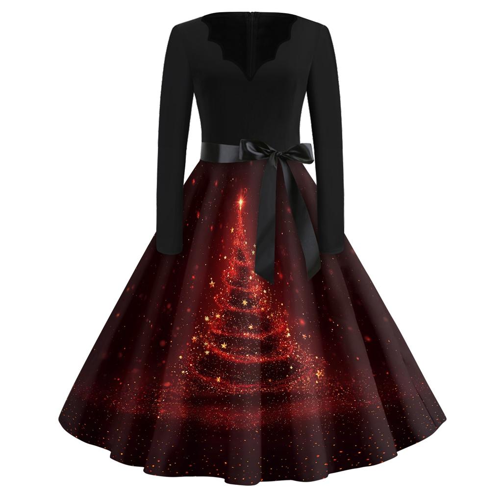 Women's Casual Christmas Print V-Neck Vintage Dress for Holiday Party and Daily Wear