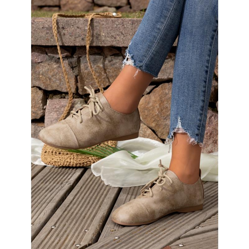 Damen Retro Flache Schnürschuhe Damen Frühling und Sommer Neu Bequeme Flache Runde Zehenpartie Freizeitschuhe