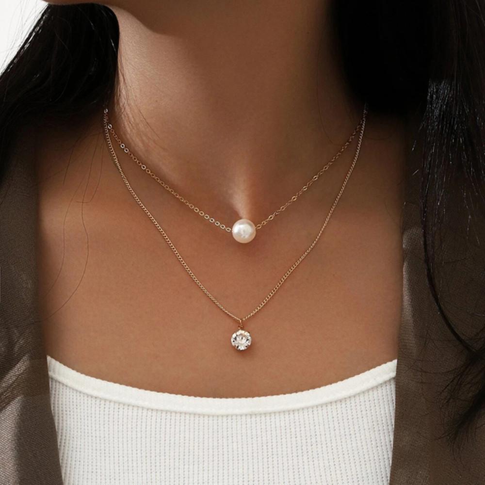 European and American Fashion, Simple Pearl Splicing Chain Necklace, Double-layer Women's Necklace Stacked with Wind Alloy Necklace