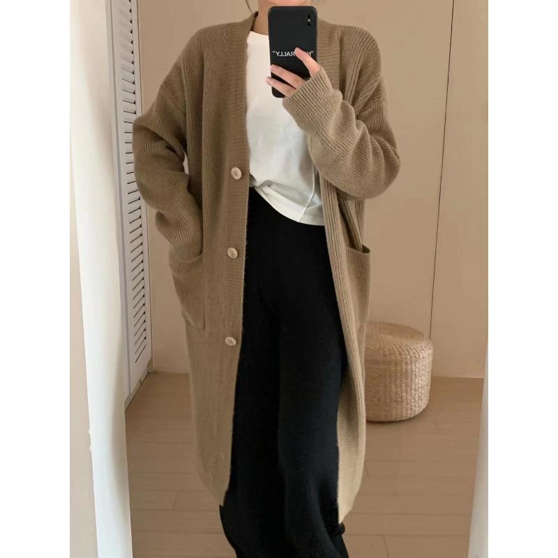 

Вязаный кардиган большого размера женский осенне-зимний новый свободный и ленивый стиль средней длины утолщенная куртка-свитер тренд average size верблюд