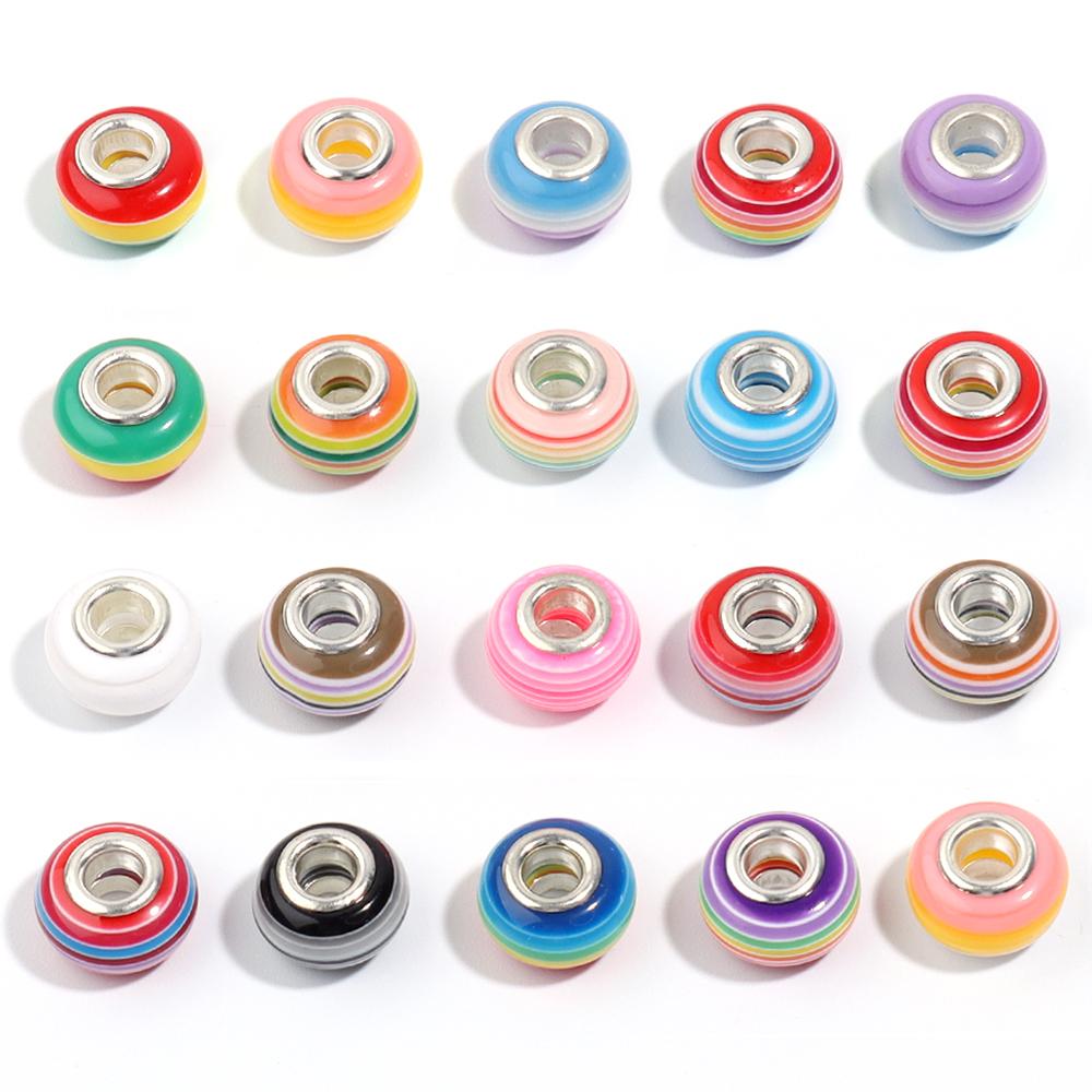 20pcs 14x8.5mm Resin Beads Rainbow Stripe Flat Round Big Hole Loose Beads For Jewelry Making DIY Bracelets Necklace Accessories