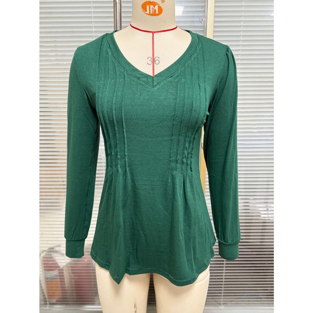 Fall Winter New Solid Color V-neck Striped Loose Long Sleeve T-shirt Top For Women, Amazon Cross-border European American Women's Clothing