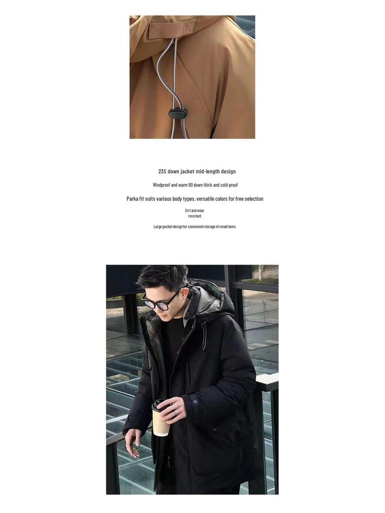 2025 Men's Black Hooded Mid-Length White Duck Down Parka