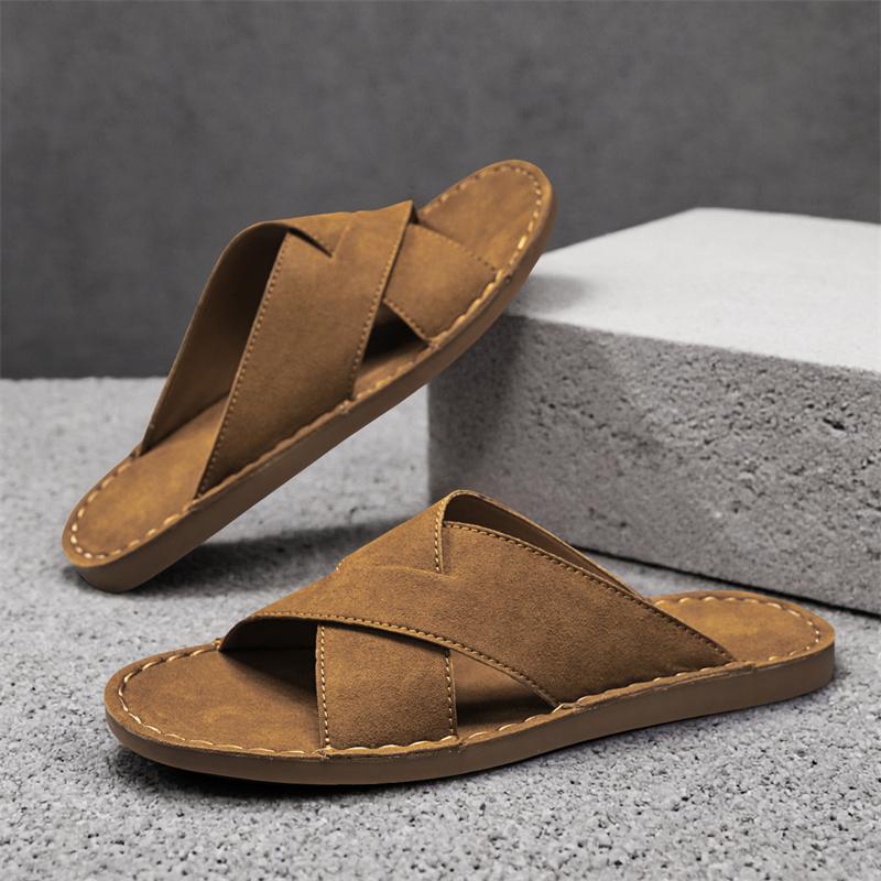 Men Slippers Handmade Simple Flats Brown Suede Sandals Summer Open Toe Beige Beach Shoes Plus Size