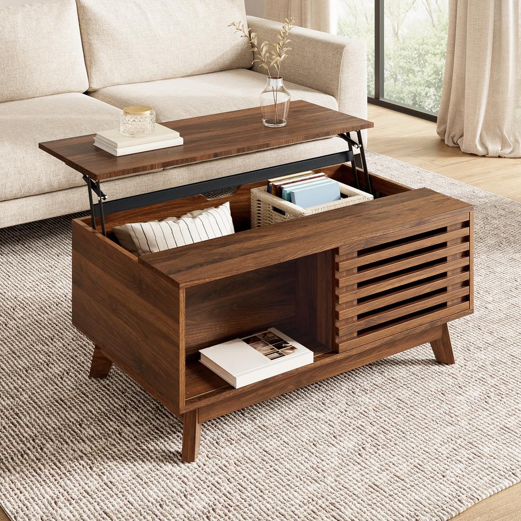 Coffee Table Modern Retro, Height-Adjustable Tabletop, Sliding Louvre Door, Walnut Look, MDF Body, Multifunctional Living Room Table