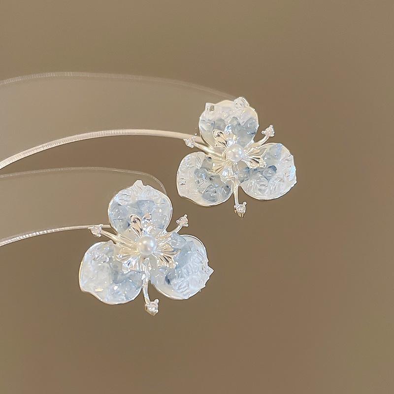 Korean Fashion Blue Butterfly Flower Earrings for Women Exquisite Elegant Pearl Stud Earring Wedding Party Luxury Jewelry Gift