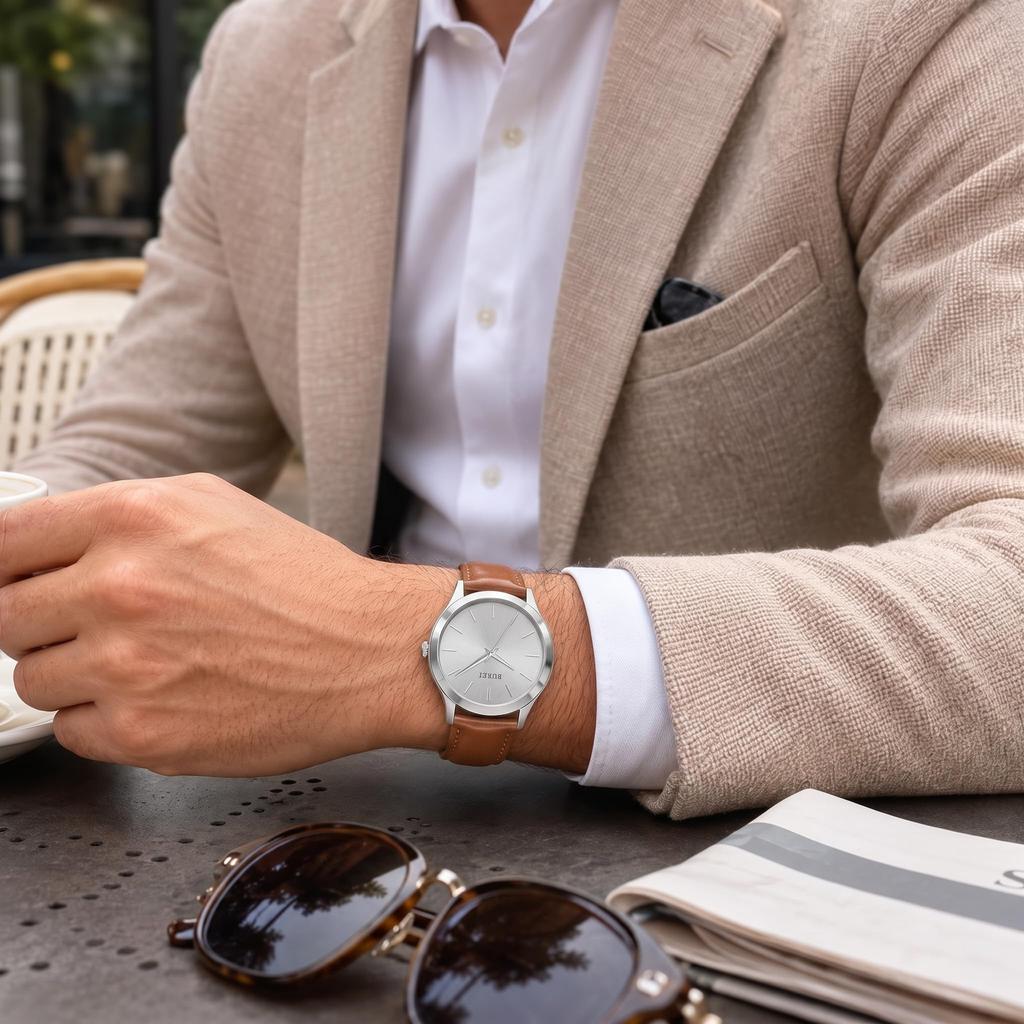 BUREI Analog Japanese Quartz Brown Leather Men's Watch, Movement, Waterproof, Popular, Slim, Simple, Stylish, Business/Casual, Strap.