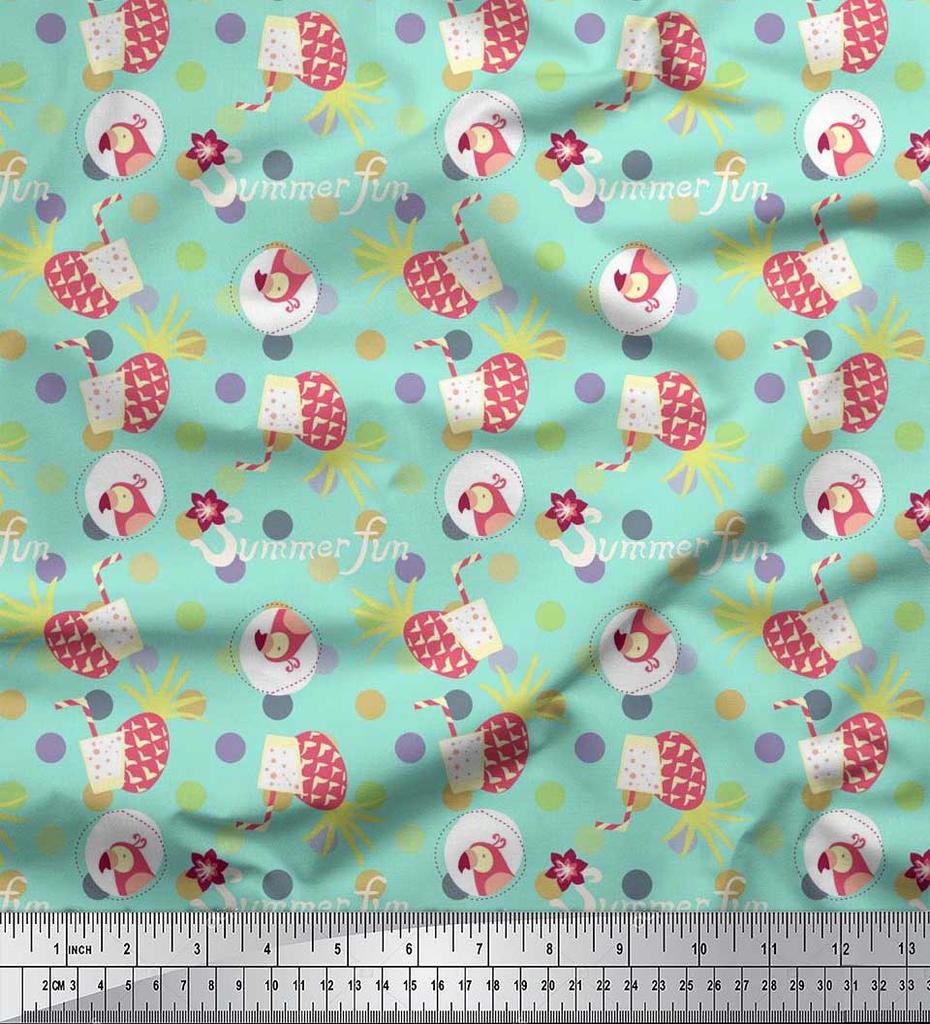 Soimoi Japan Crepe Satin Fabric Dot,Parrot & PineJuice Summer Designs Fabric Prints By Metre 42 Inch