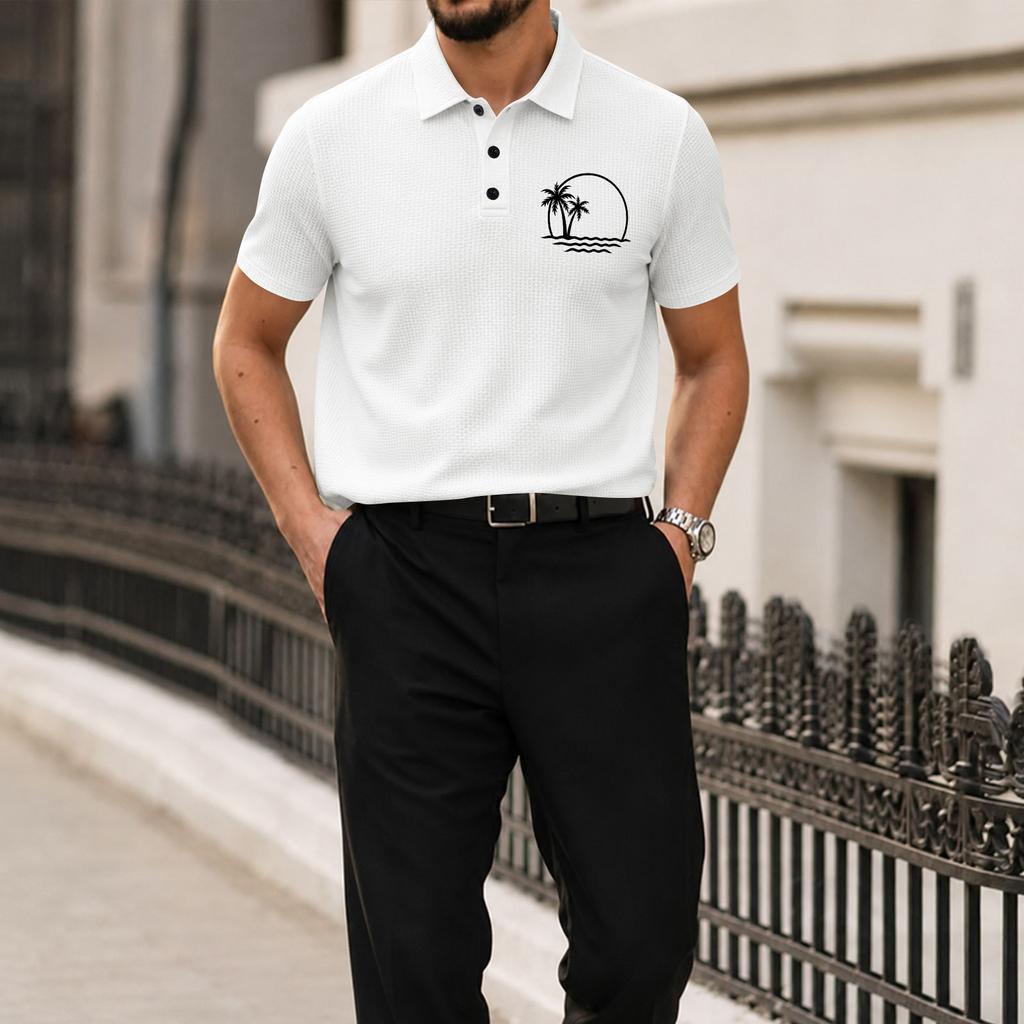 Men Short Sleeve Polo Shirt with Lapel Collar and Printed Pattern Lightweight Breathable Ice Silk Fabric Casual Fit Top