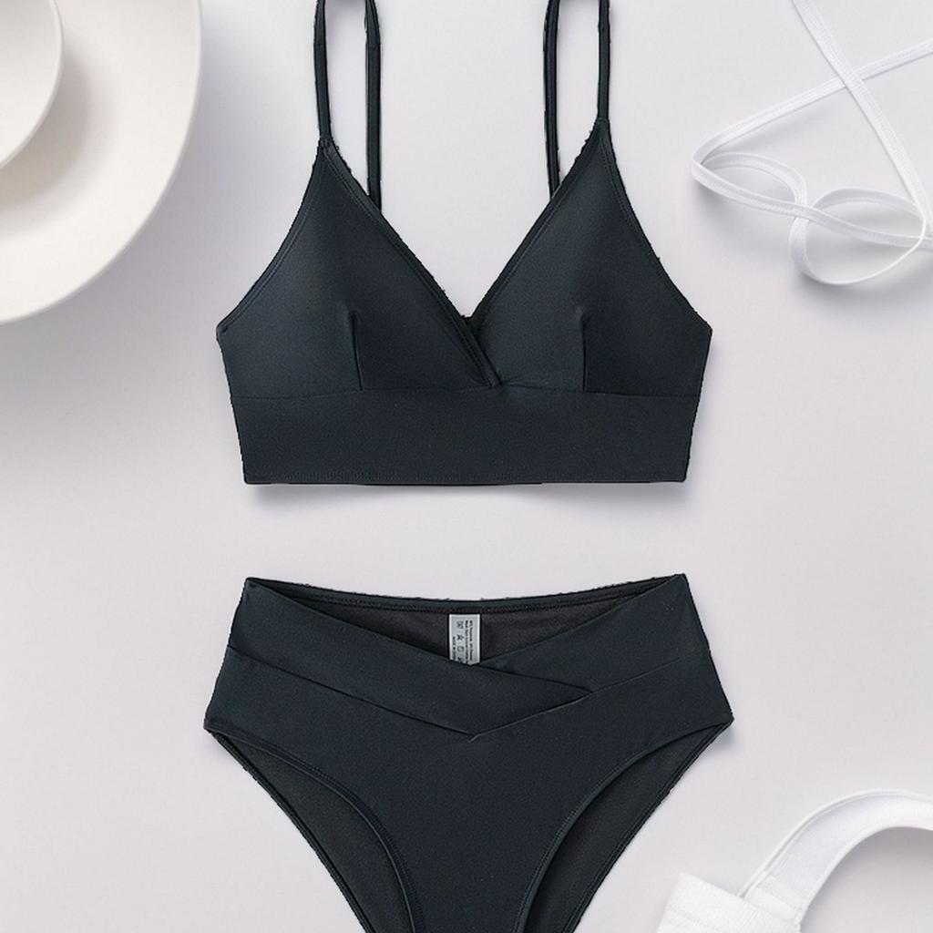 Solid Deep V Backless Sexy Bikini Set Elegant Comfortable Two Piece Swimwear