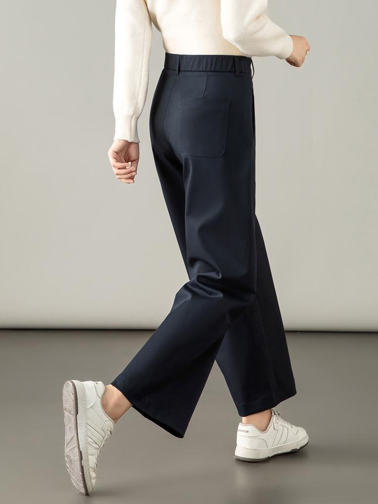 Autumn 2025 Women's Navy Blue Lyocell Cotton Wide-Leg Pants - High-Waisted, Slimming, Casual Straight-Leg Design