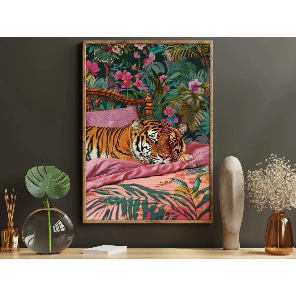 Print Leopard Tiger Sleep On Bed Painting Deer Rabbit In Flowers Poster Home Decoration Pop Lovely Wildlife Wall Art Canvas
