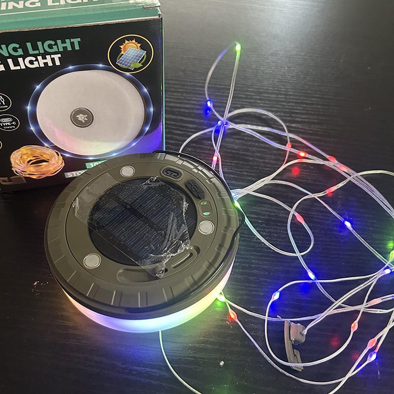 Cross-Border Rechargeable LED Solar Camping Lantern with 10m Multi-Color String Lights and Storage