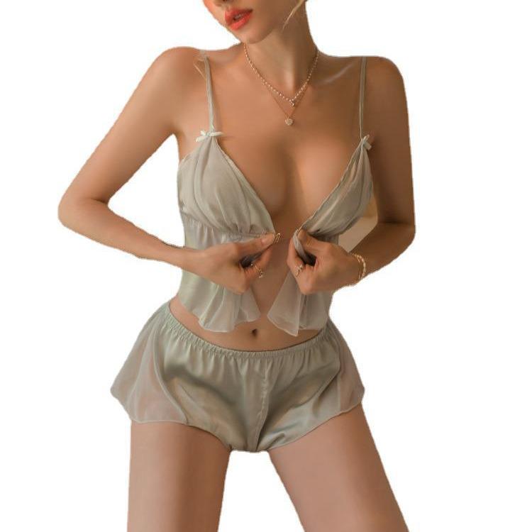 Sexy Pyjama-Set aus Eisseide mit kurzem Knopf vorne und Bauchband für Damen