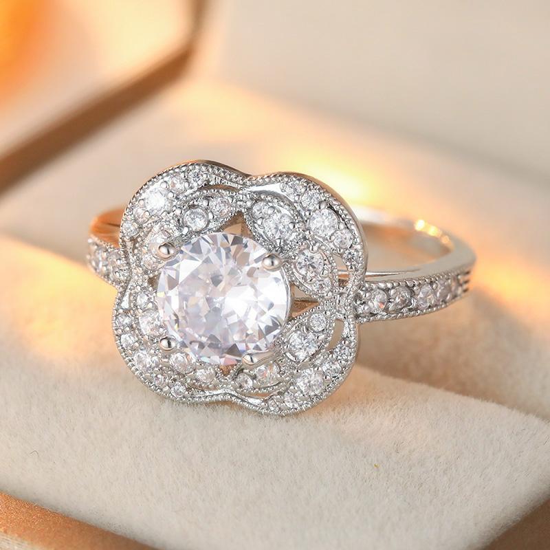 Exquisite Inlaid White CZ Women's Ring Trendy CopperColor Hand Carving Daily Wear Party Jewelry Anniversary Gift