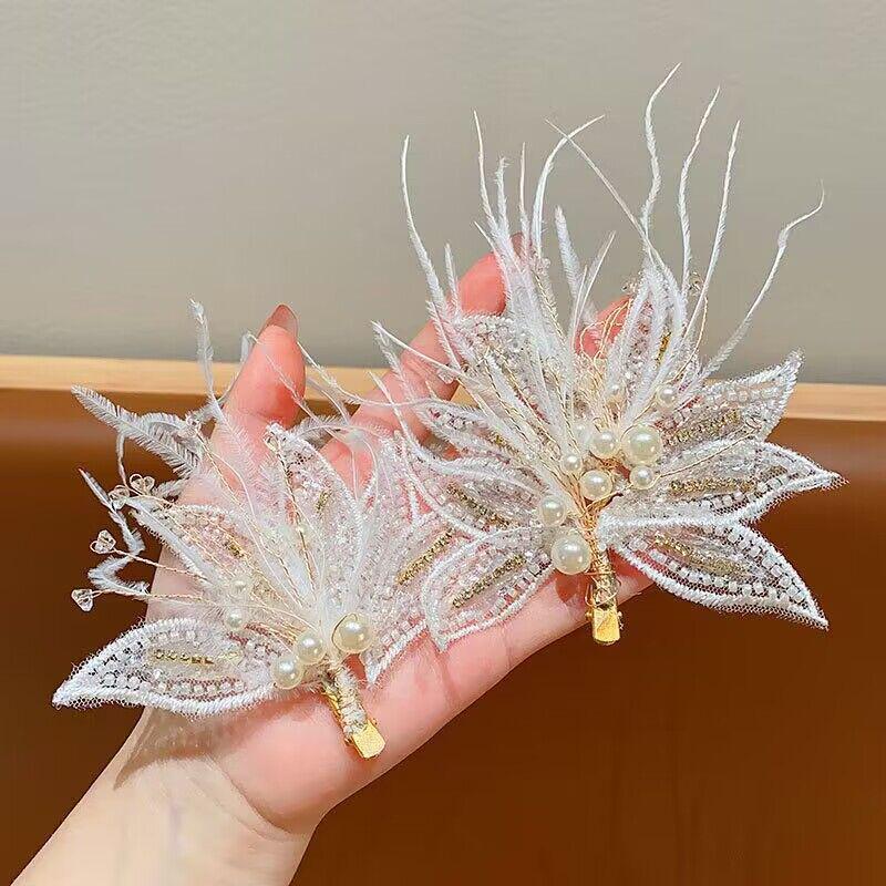 Korean Style Pearl Feather Hair Clip for Brides - Elegant Forest Fairy Accessories