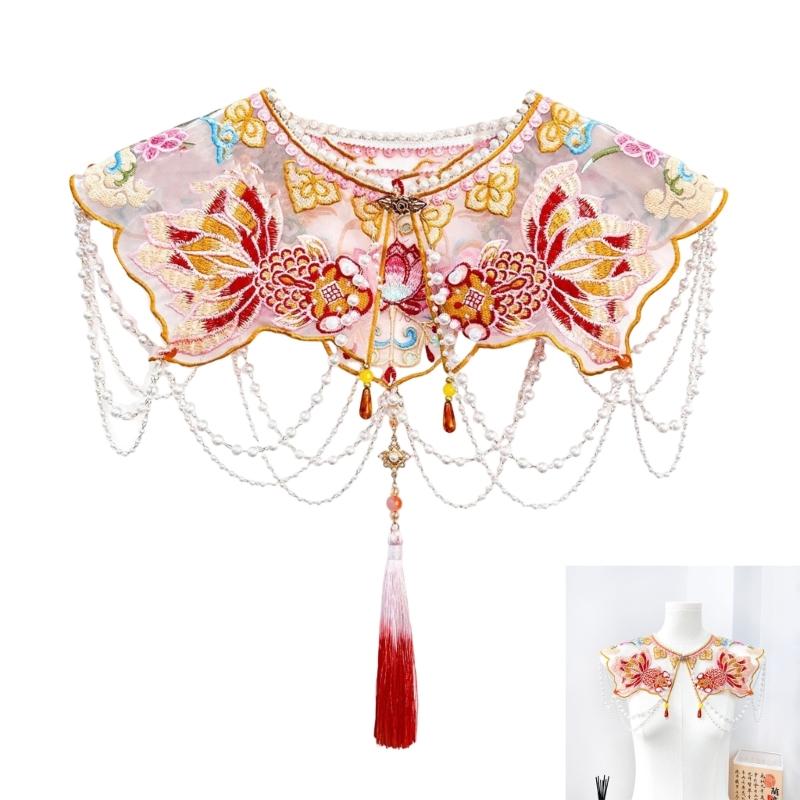 Kids Girl Goldfish Embroidered Beaded Tassels Detachable Collar Traditional Chinese Shawl Capelet Skirt Dress Decoration