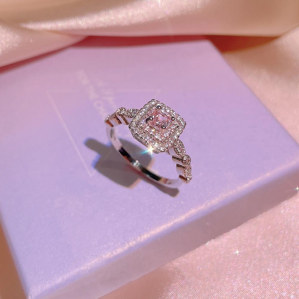 NEW Classic 925  Inlaid Zircon Engagement Ring Pink Crystal Women Shiny Zircon Jewelry Heart-shaped Pink Women's Ring