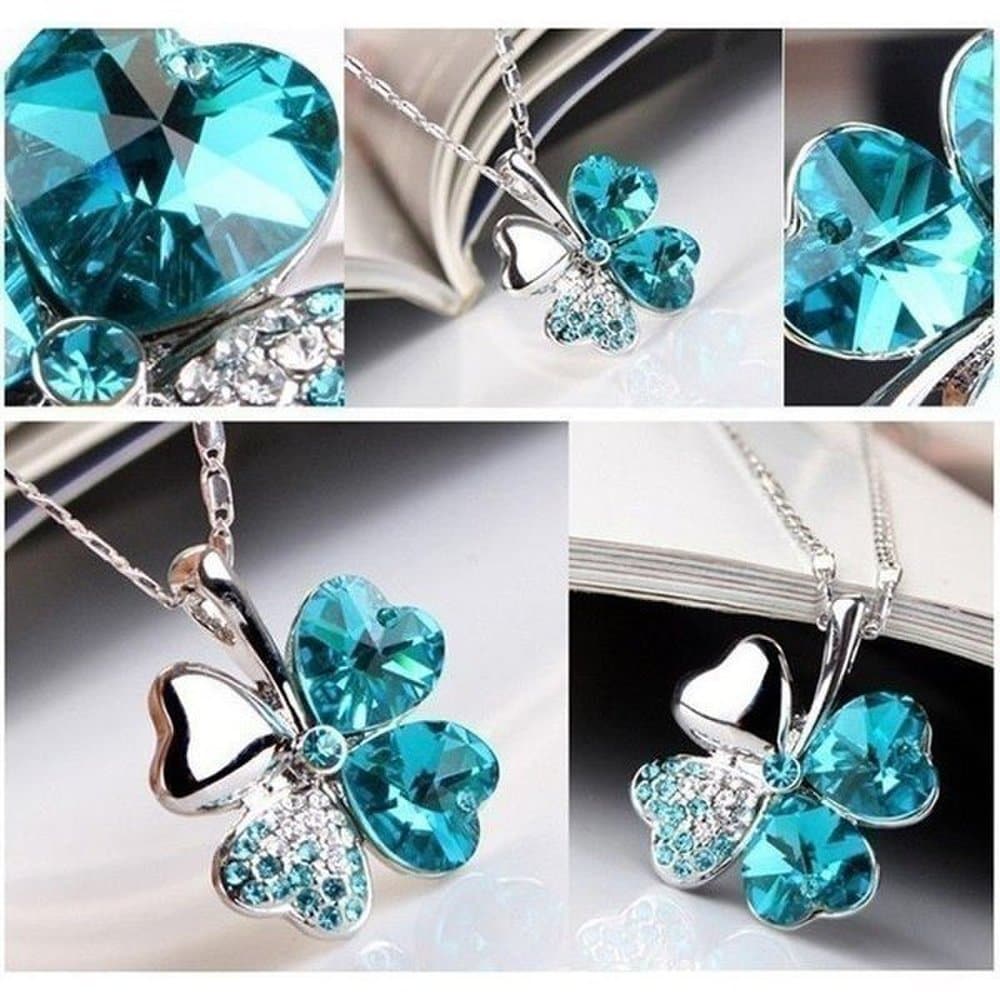Four-leaf clover sky blue heart necklace silver plated crystal gift good luck fortune children friendship lover trend jewelry gem sparkle