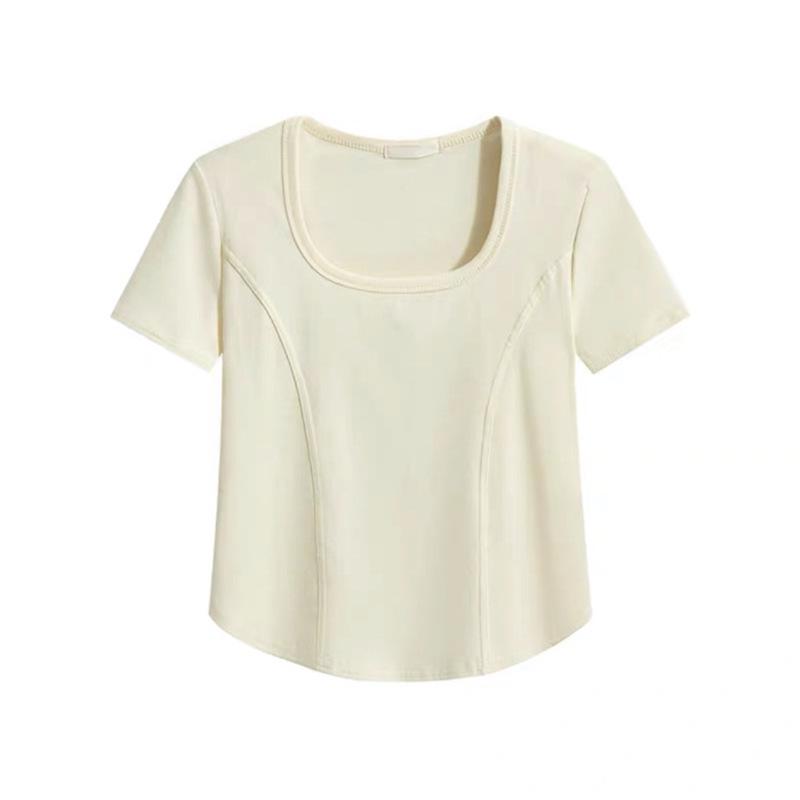 

Square Neck Short Sleeve Cotton T-Shirt S абрикосовий