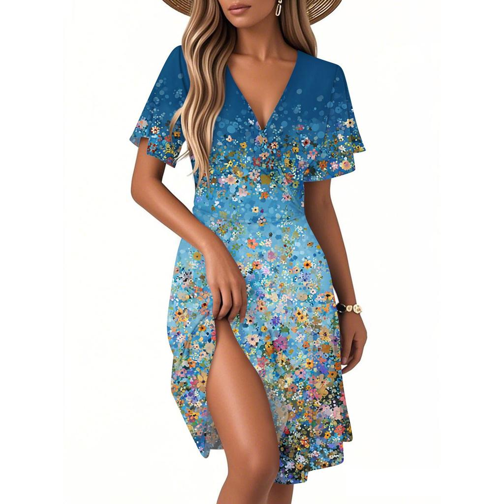 Women's Fashion Short Sleeve Wrap Sundress V-Neck Floral Print Dresses