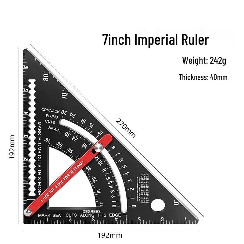 ZJ Aluminum Alloy 7" Triangle Woodworking Ruler - Inch/Metric 90° Right Angle Ruler