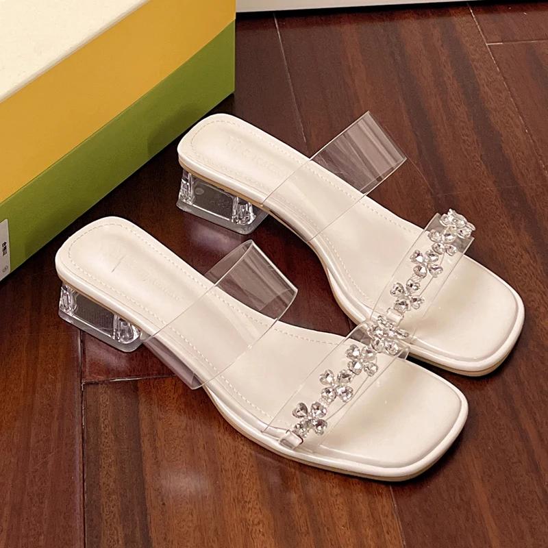

Fashion Transparent Pvc Square Heel Sandals for Women Rhinestone Flowers Thick Heeled Sandals Mujer Silver Square Toe Party Shoes Woman 40 бежевый