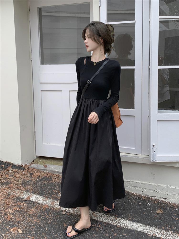 French Hepburn style hollowed-out knitted long-sleeved dress for women's spring and autumn new temperament slim and slim skirt