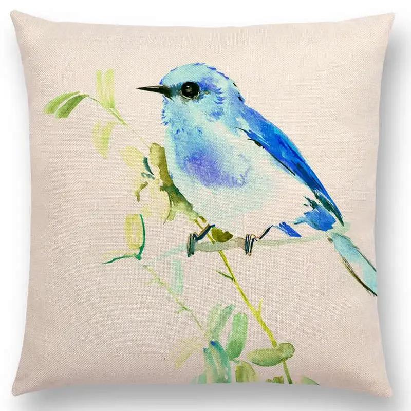 Watercolor Birds Series Cushion Cover Goldfinch Chickadee Cardinal Kingfisher Prints Pillow Case