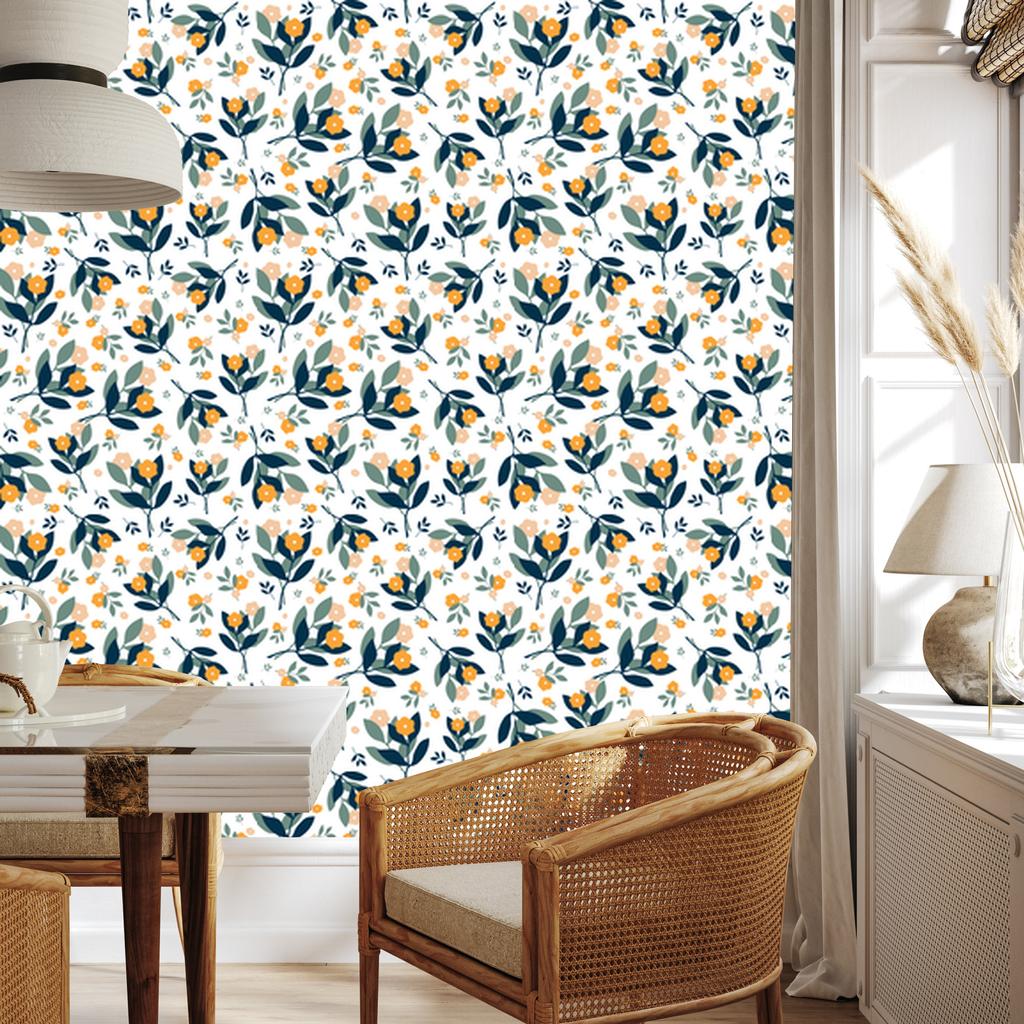 Wallpaper Flowers White, Light Gray, Turquoise and Cream 50x1000