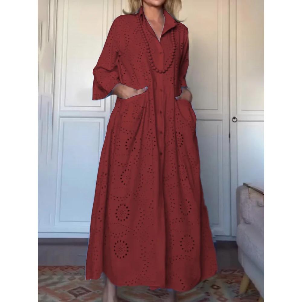 Spring and Autumn Solid-color Shirt Collar Loose Embroidered Cutout Large-sized Shirt Dress