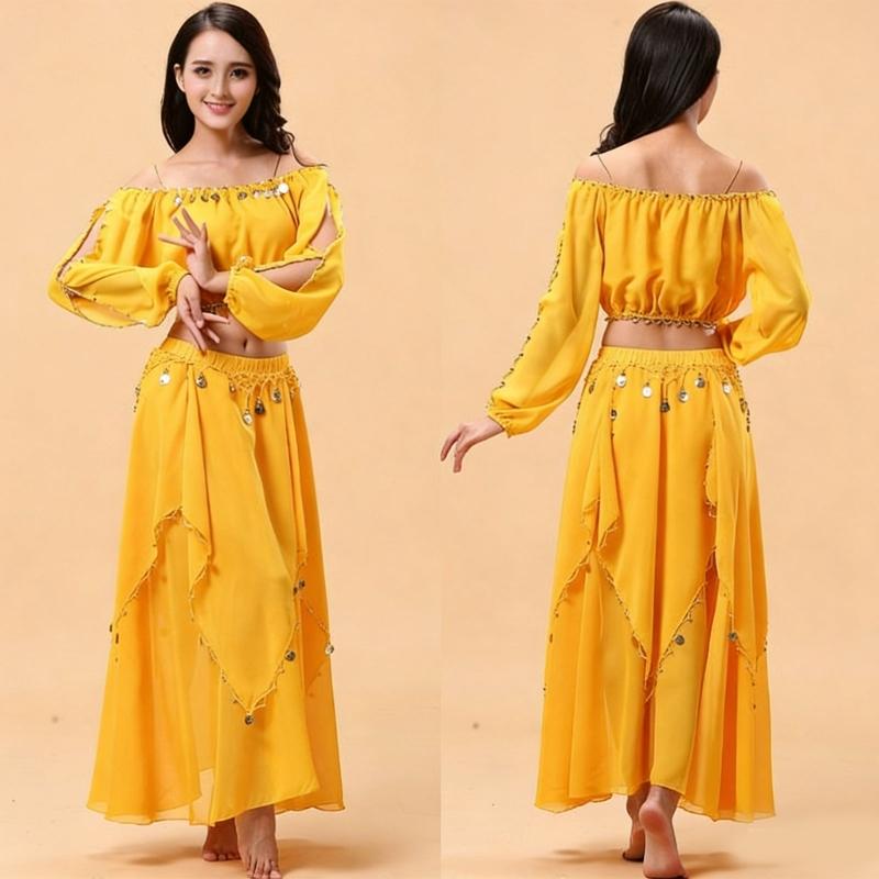 Set Costume Danza del Ventre a Maniche Lunghe da 2 Pezzi per Donne Tessuto Morbido in Chiffon Outfit da Ballo Outfit per Esibizioni Professionali