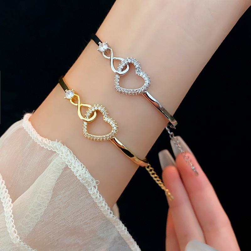 Gold Heart Cutout Zirconia Bracelet Women Minimalist Fashionable Stackable Jewelry