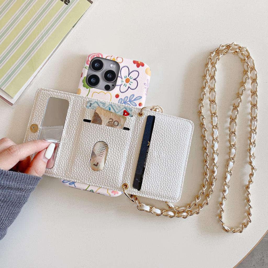 Chic Simple Floral Pattern PU Leather Case for iPhone 16e 11 12 13 14 15 Pro Max Plus Long Lanyard Mirror Card Holder