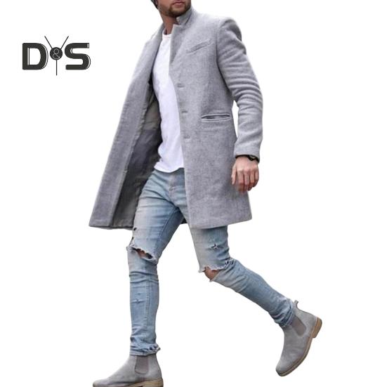 

Чоловіче вовняне пальто з лацканами з довгим рукавом, пальто середньої довжини, однотонний однобортний довгий верхній одяг з бічними кишенями M сірий