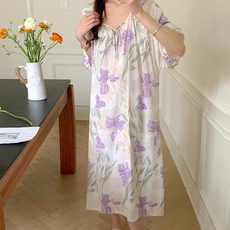 1011 new cotton and silk nightdress women's summer short-sleeved pajamas cartoon pony element long loose cotton silk skirt can be worn outside