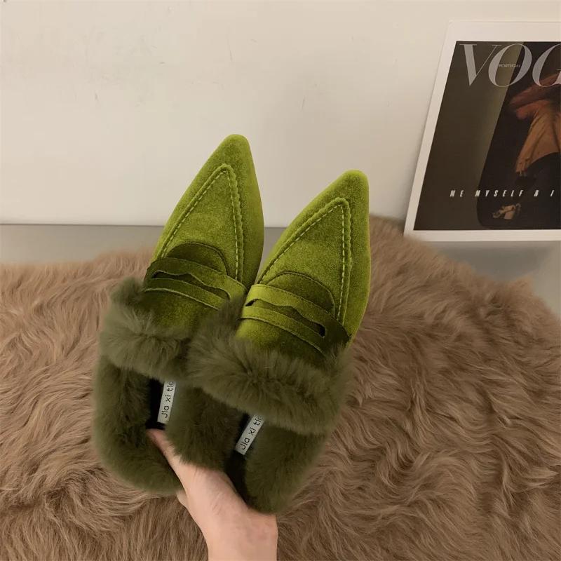 Fashion COZOK Luxury Fur Furry Women Slippers Fur Flat Mules Fashion Velour Slides Indoor Outdoor Sexy Cotton Warm Slides Winter